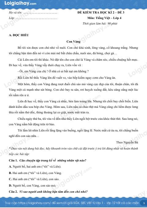 Đề thi học kì 2 Tiếng Việt 4 - Đề số 3